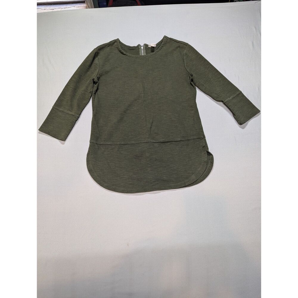 Merona Womens Small Olive Green Tunic Top 3/4 Sleeve Back Zip High Low Hem
